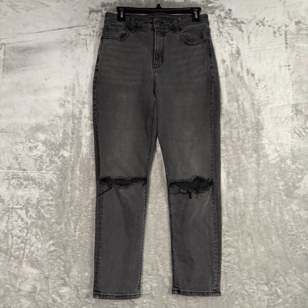 American Eagle Mom Jeans Size 8 Charcoal Black High Waist Stretch Distressed Y2K